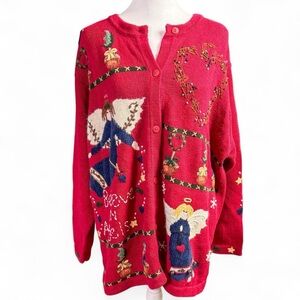 Quacker Factory Women's Red Angel Pattern Sweater